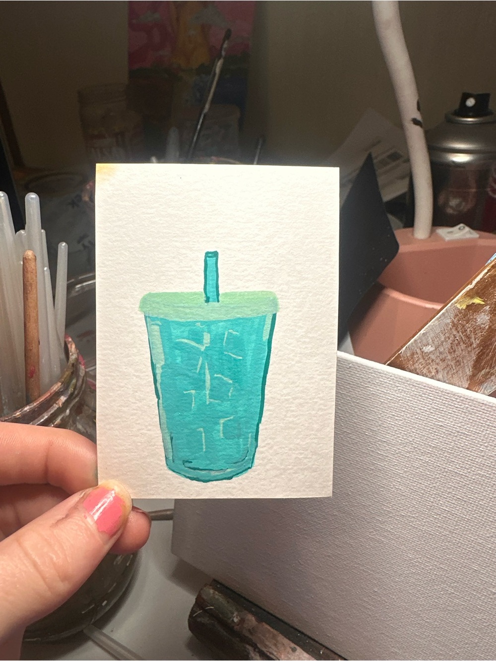 Acrylic Painted Teal Party Cup Artwork - Unbranded